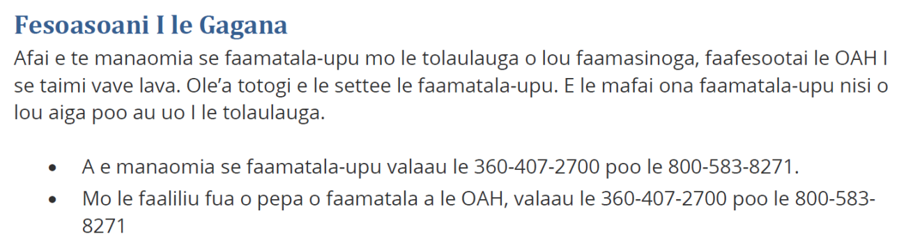 Instructions for requesting languages assistance in Samoan
