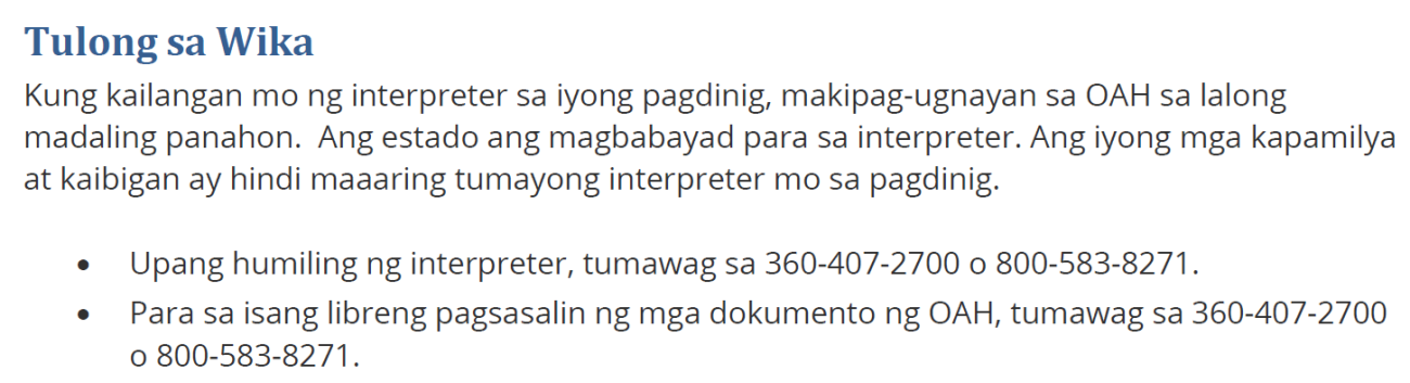 Instructions for requesting languages assistance in Tagalog