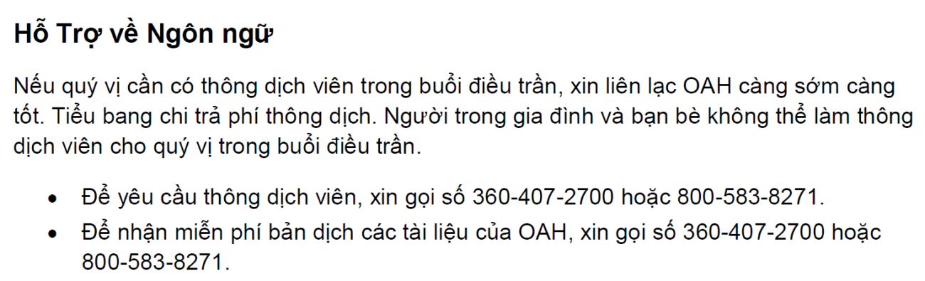 Instructions for requesting languages assistance in Vietnamese