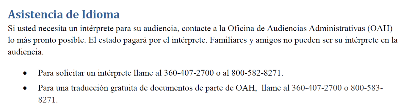 Instructions for requesting languages assistance in Spanish